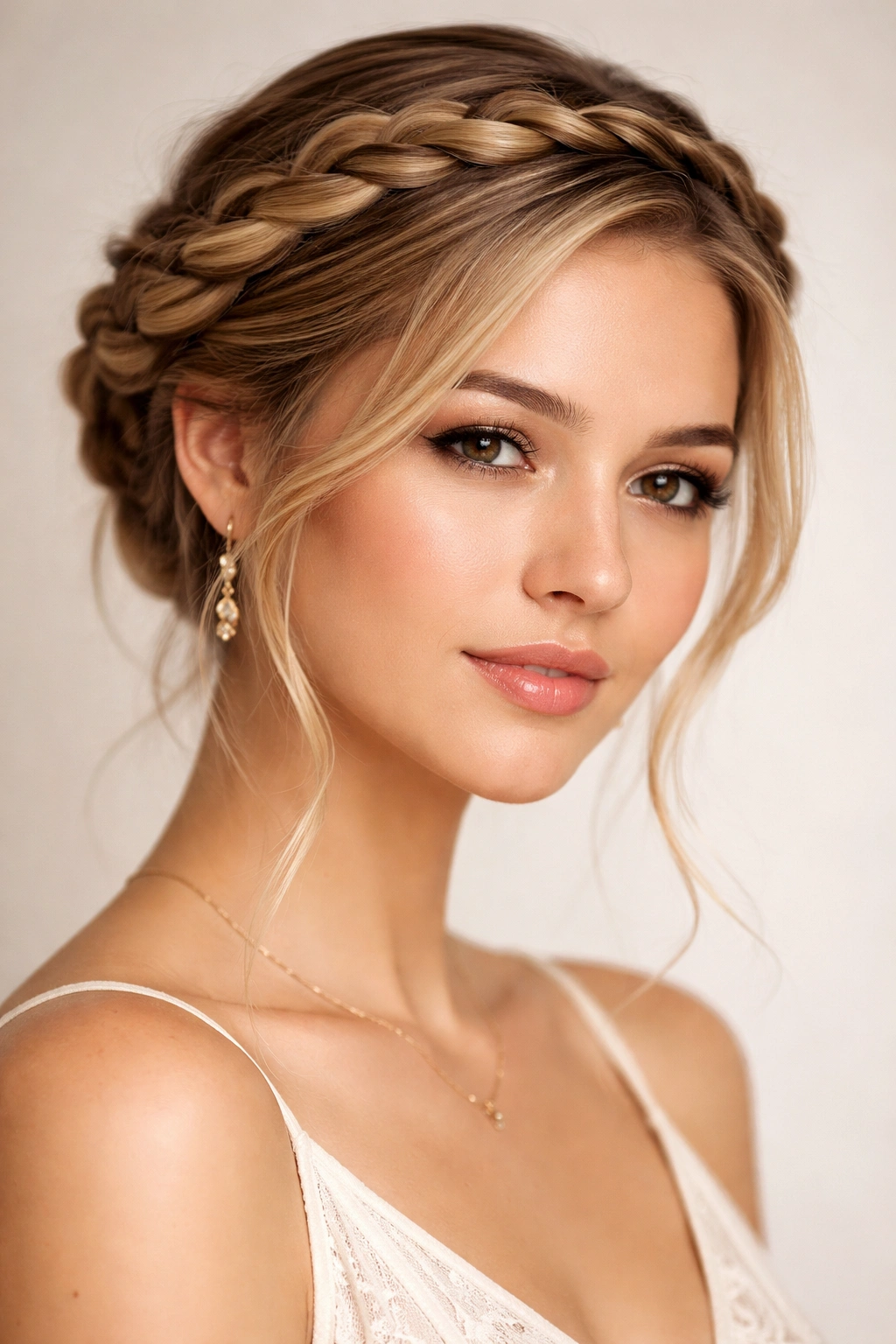 Close-up of a twisted French crown braid encircling the head in a halo-like hairstyle.