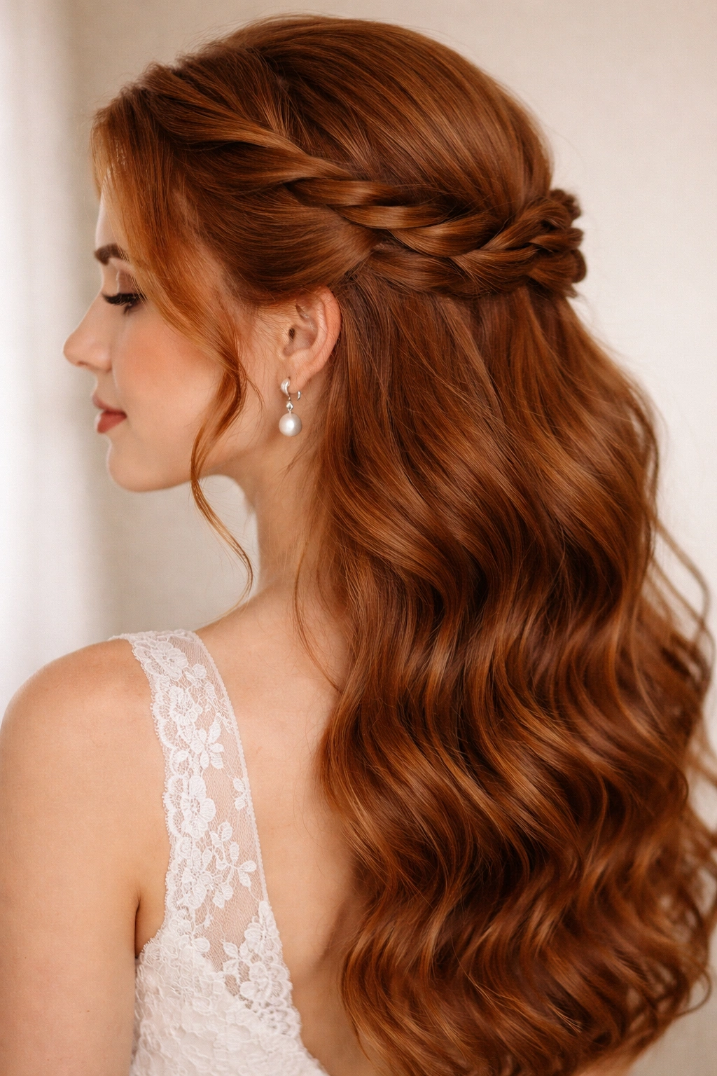 Close-up of a classic twisted crown bridal hairstyle on red hair with soft waves