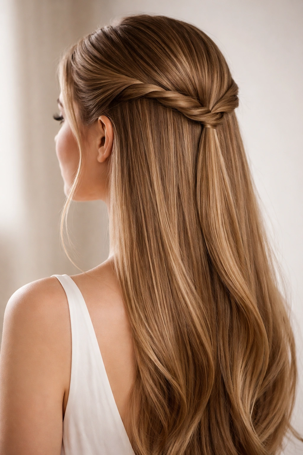 Close-up of The Classic Twisted Crown hairstyle with crown twists on straight hair
