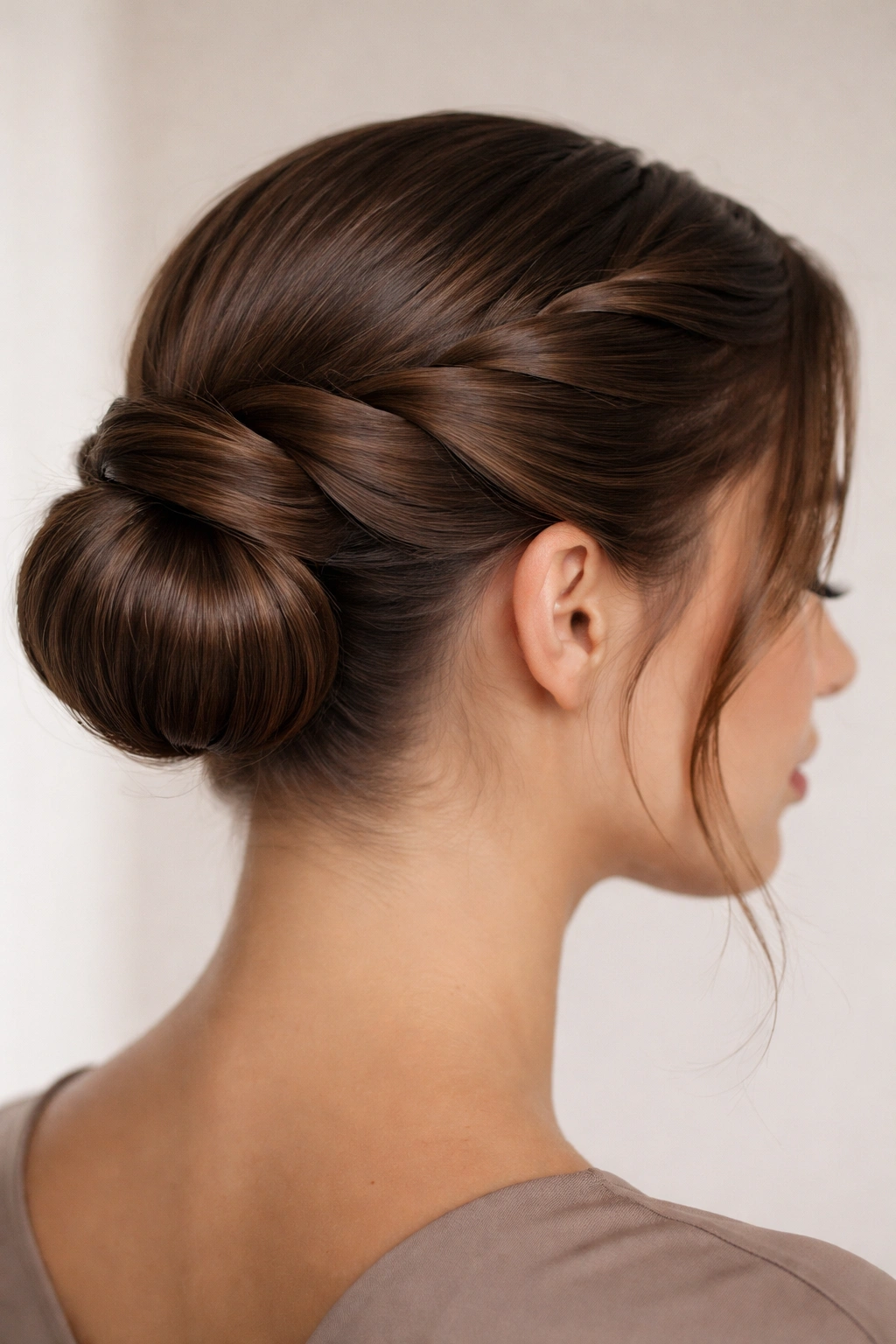 Crown area with two twists forming a neat bun on straight hair