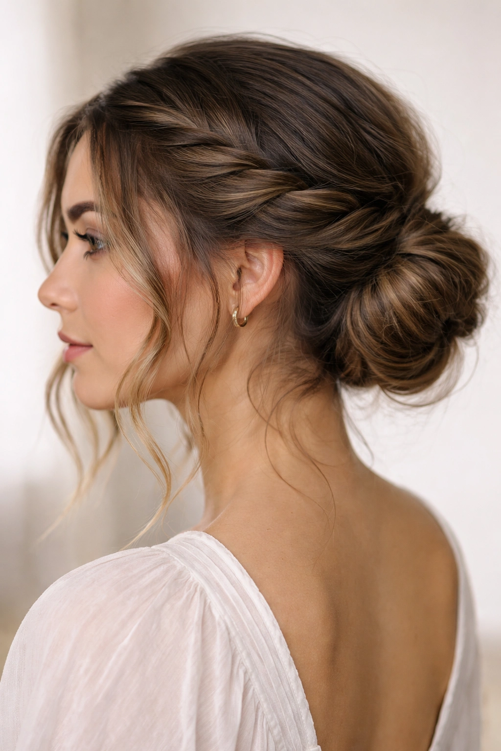 Close-up of The Twisted Crown Bun featuring a crown twist and a low back bun on wavy hair