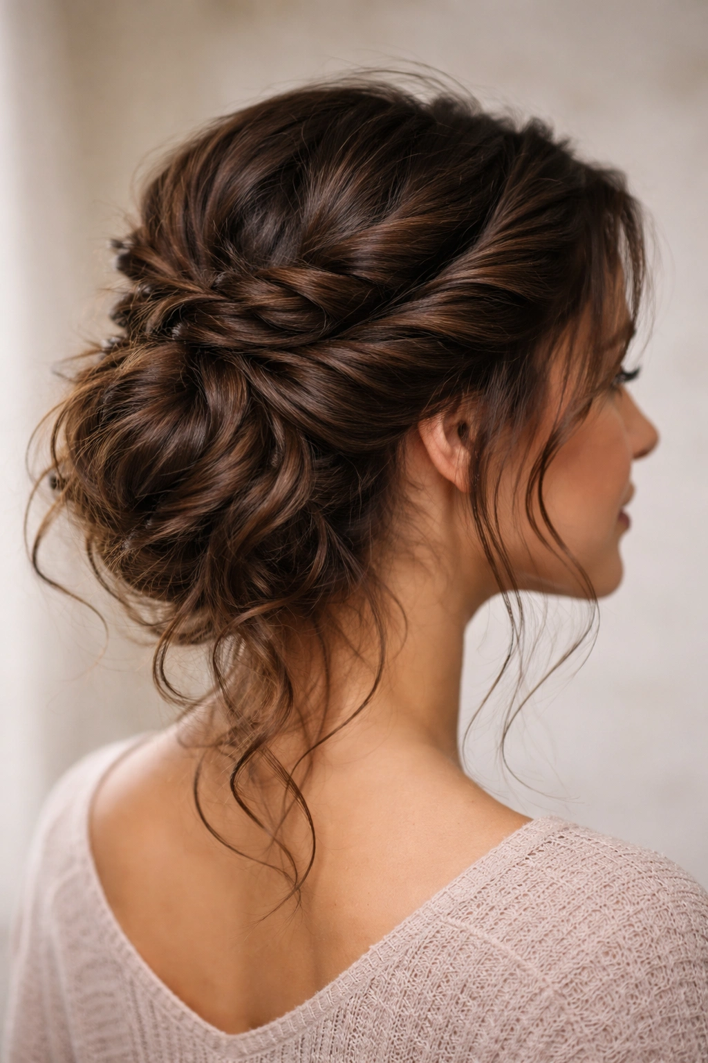 Close-up of a thick wavy hair updo named twisted crown bun with waves visible at the crown
