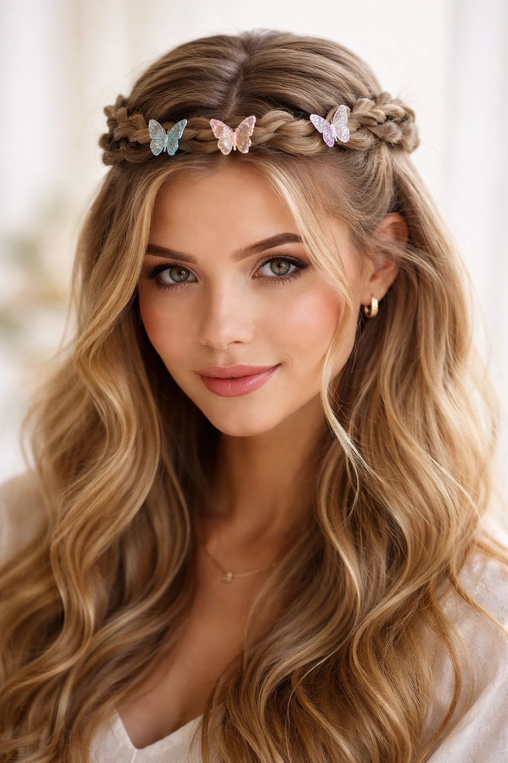 Crown-like twists across the top of hair secured with multiple butterfly clips