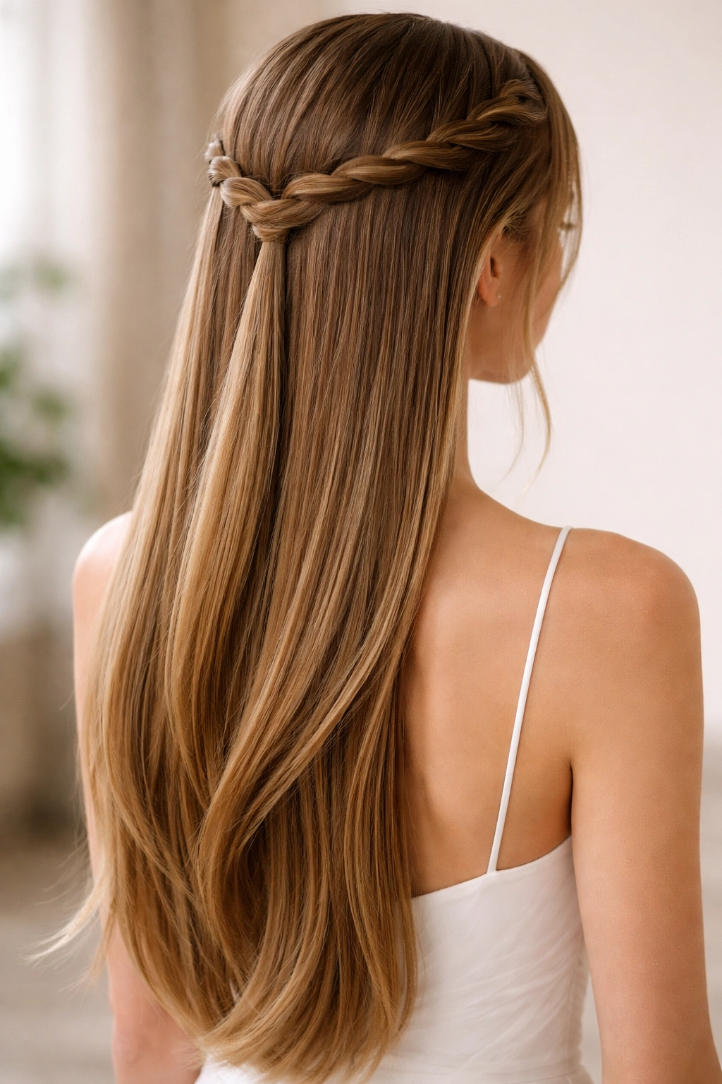 Twisted crown hairstyle with cascading straight length