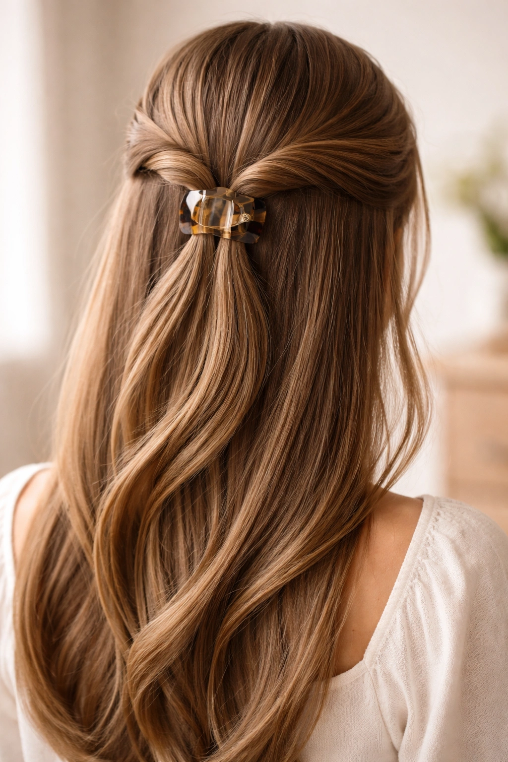 Twisted crown hairstyle secured with a claw clip at the back