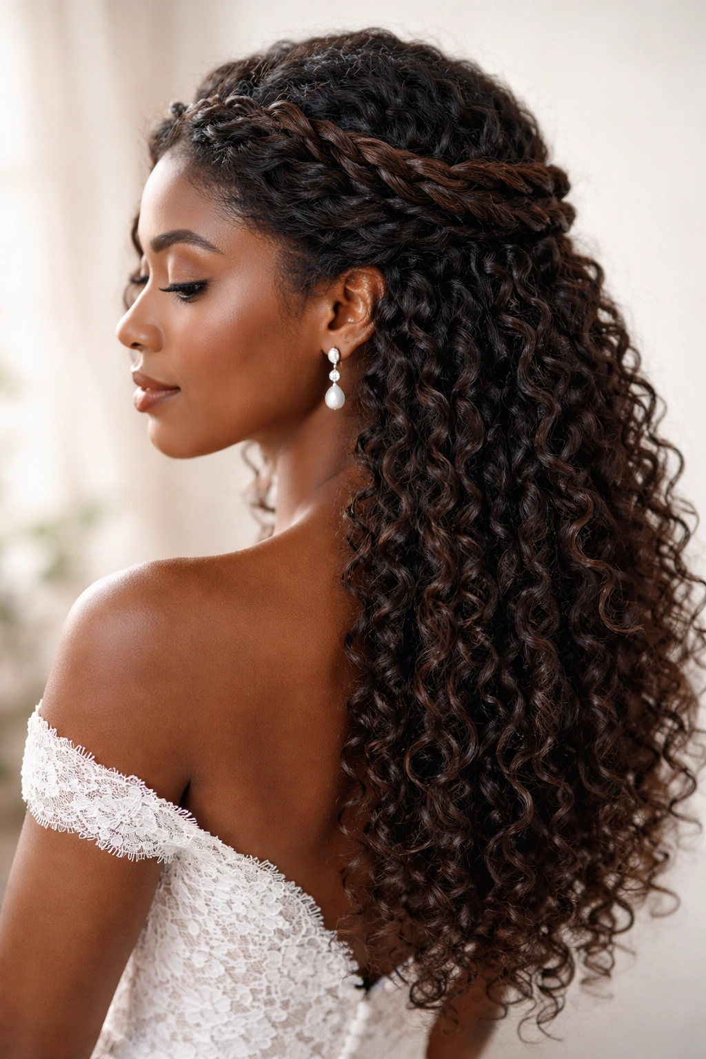 Close-up of coily hair with a twisted crown and loose curls cascading over the shoulders