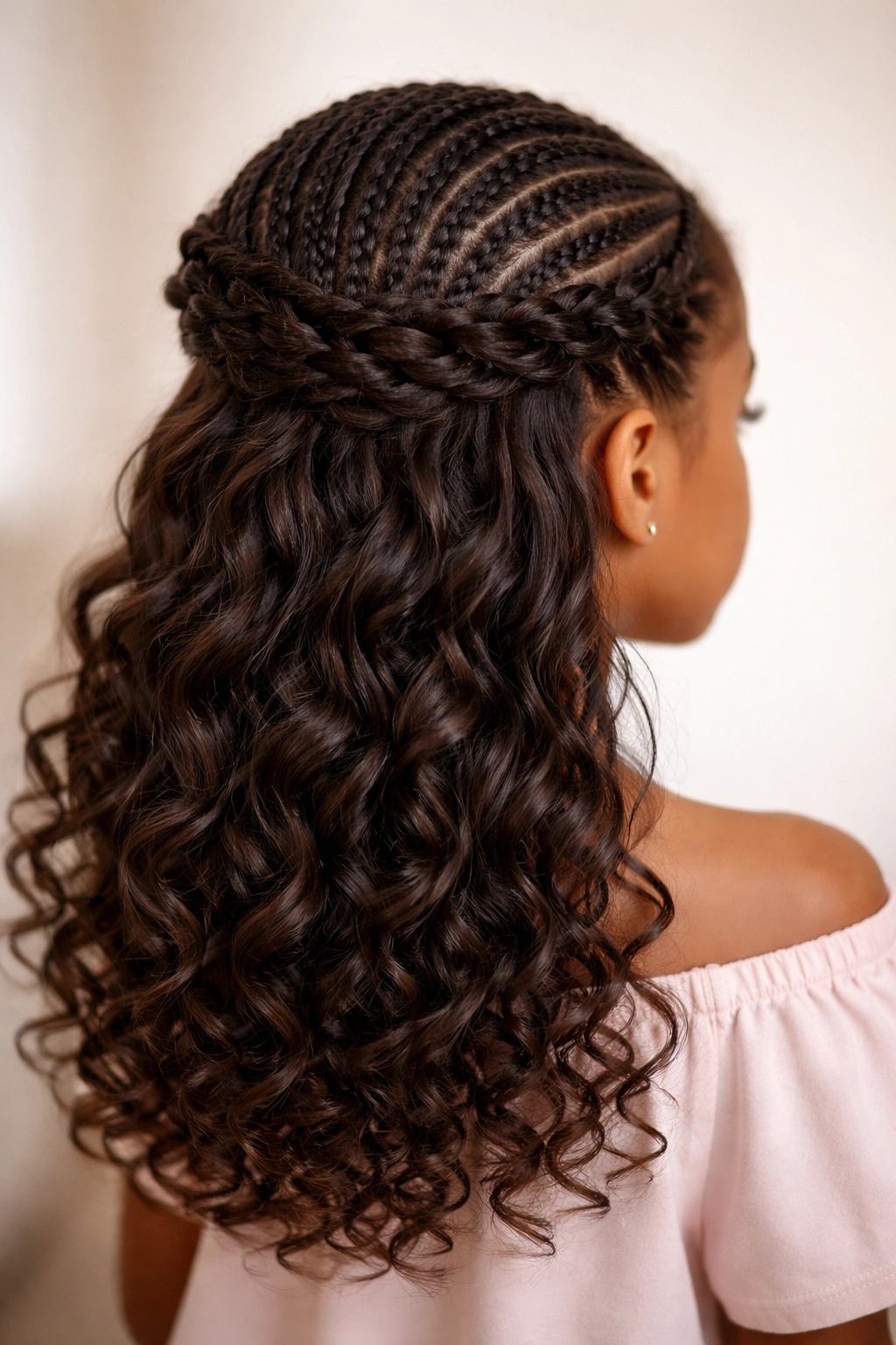 Child wearing twisting crown cornrows with loose curls