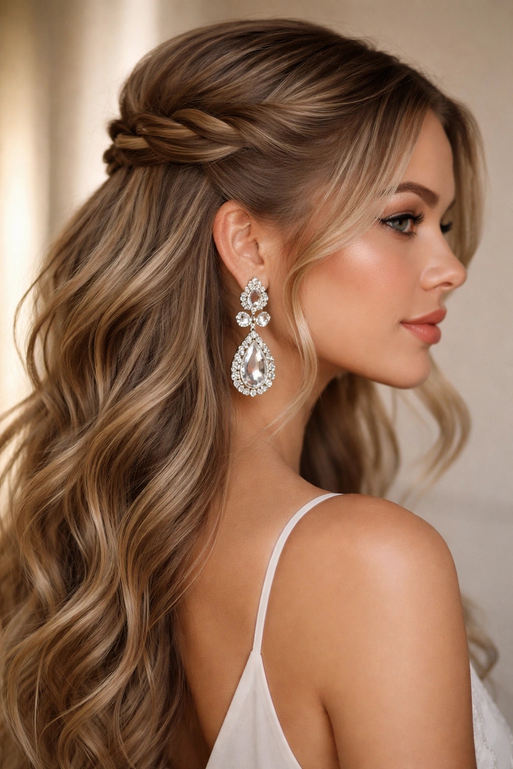 Twisted crown half-up with a prominent earring