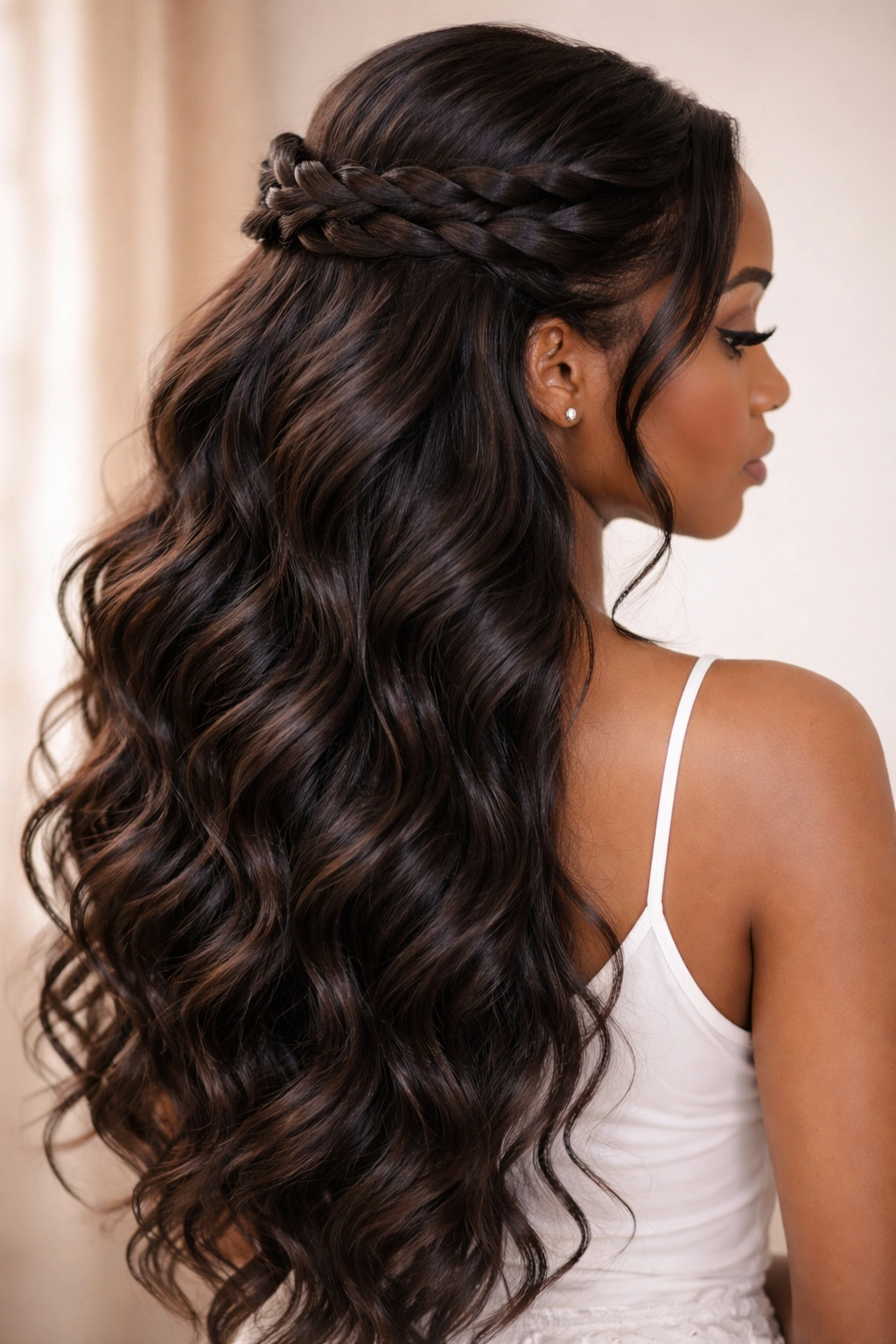 Close-up of a twisted crown with cascading extensions and loose waves.
