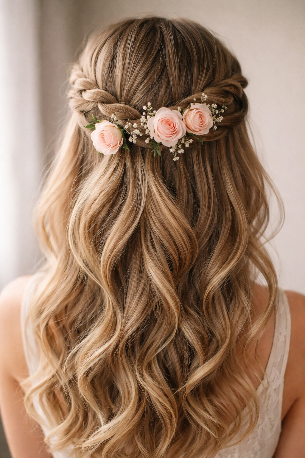 Close-up of a twisted crown half-up hairstyle with blush roses woven into the twists