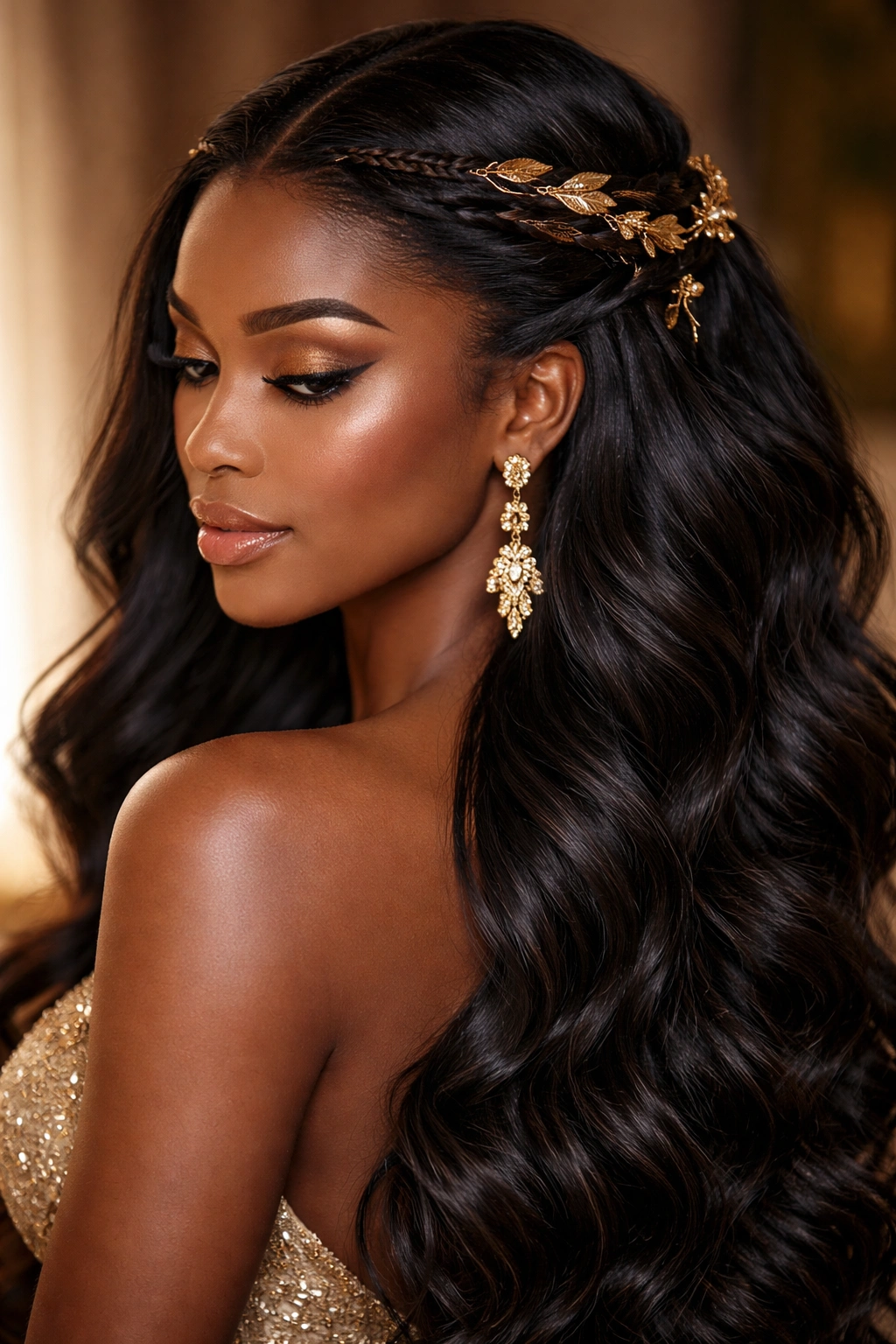 Close-up of a crown twist hairstyle with gold pins and voluminous flowing hair