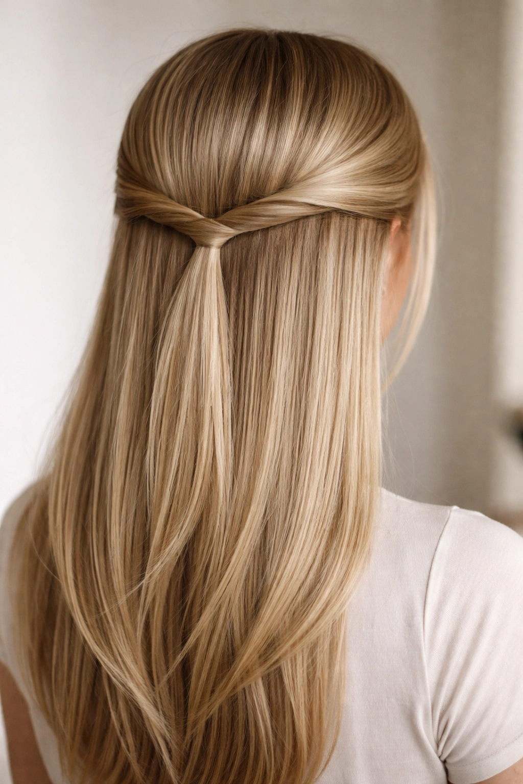 Close-up of straight hair with a clean, horizontal twisted crown hairstyle.