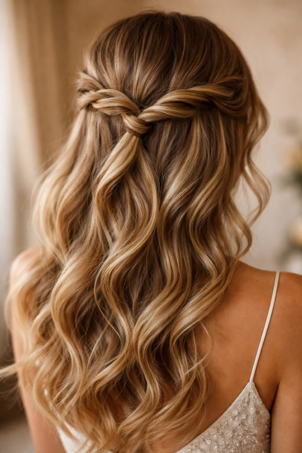 Close-up of a loose twisted crown hairstyle highlighting two symmetrical twists