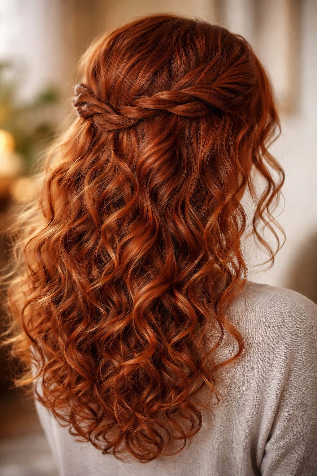Twisted crown half-up style on curly red hair