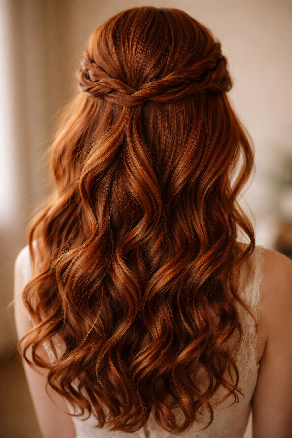 Close-up of a double twisted crown with loose curls on red hair