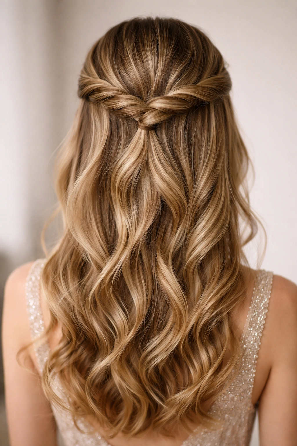 Twisted half-up crown with pinned twists from temples