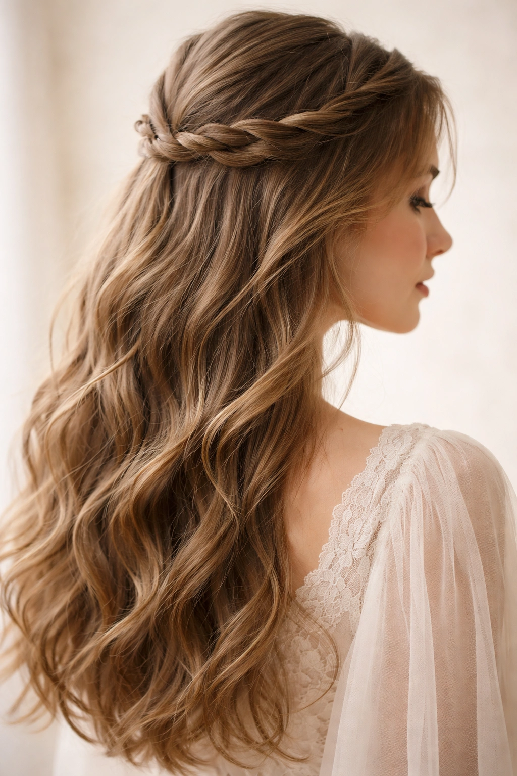 Close-up of a Twisted Crown Half Up Style with textured waves and crown twists