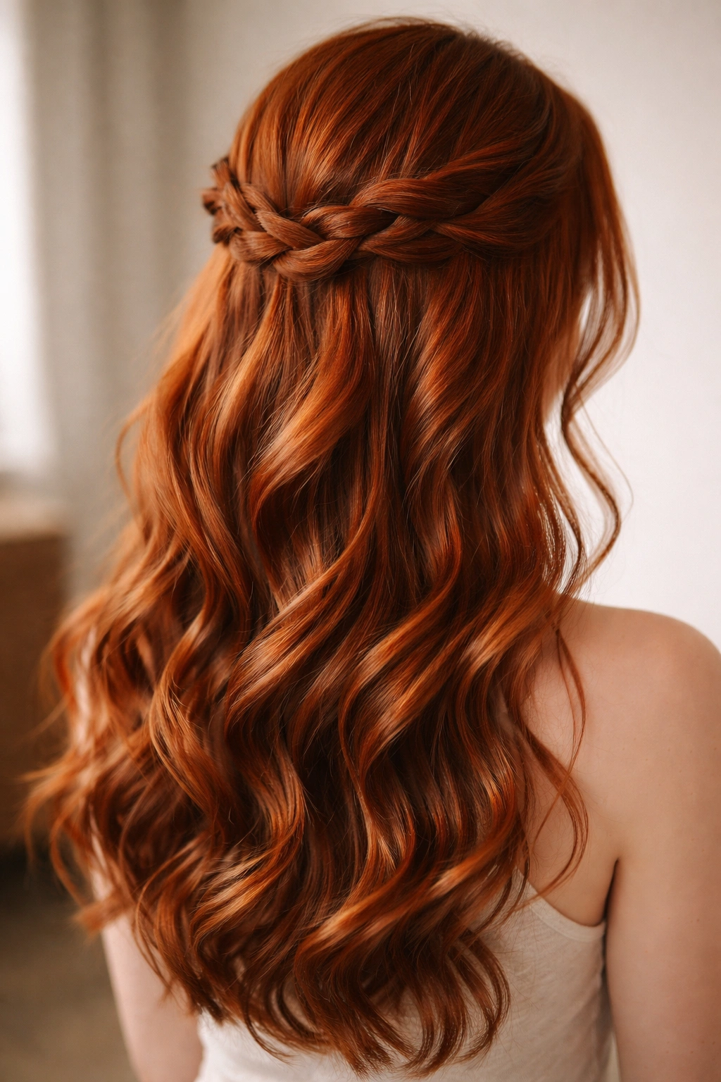 Close-up of red hair styled with a twisted crown and loose waves