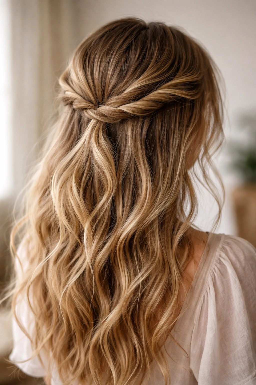 Two soft twists forming an undone crown with gathered top half.