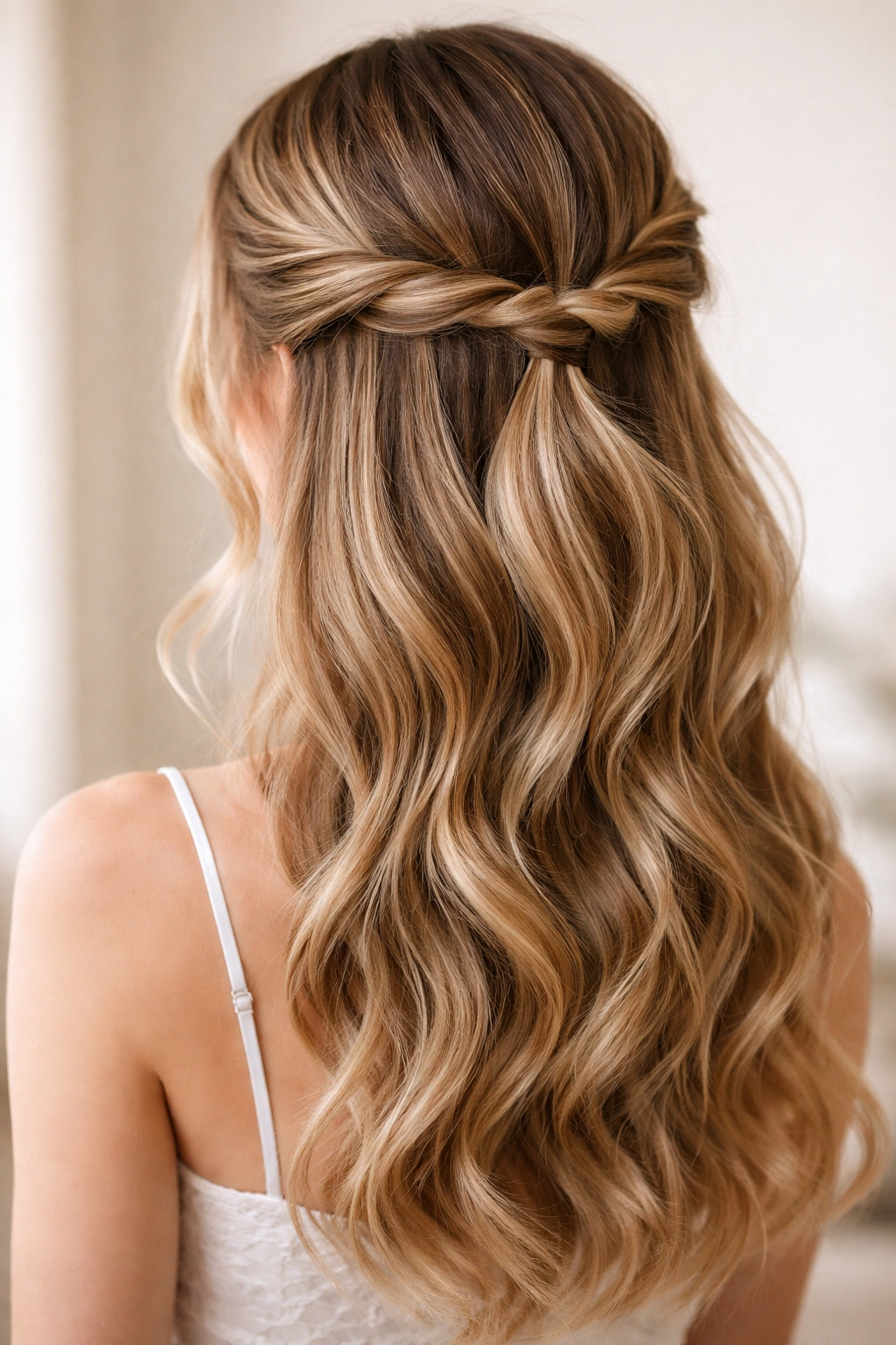 Twisted crown half style with two loose twists meeting at the crown