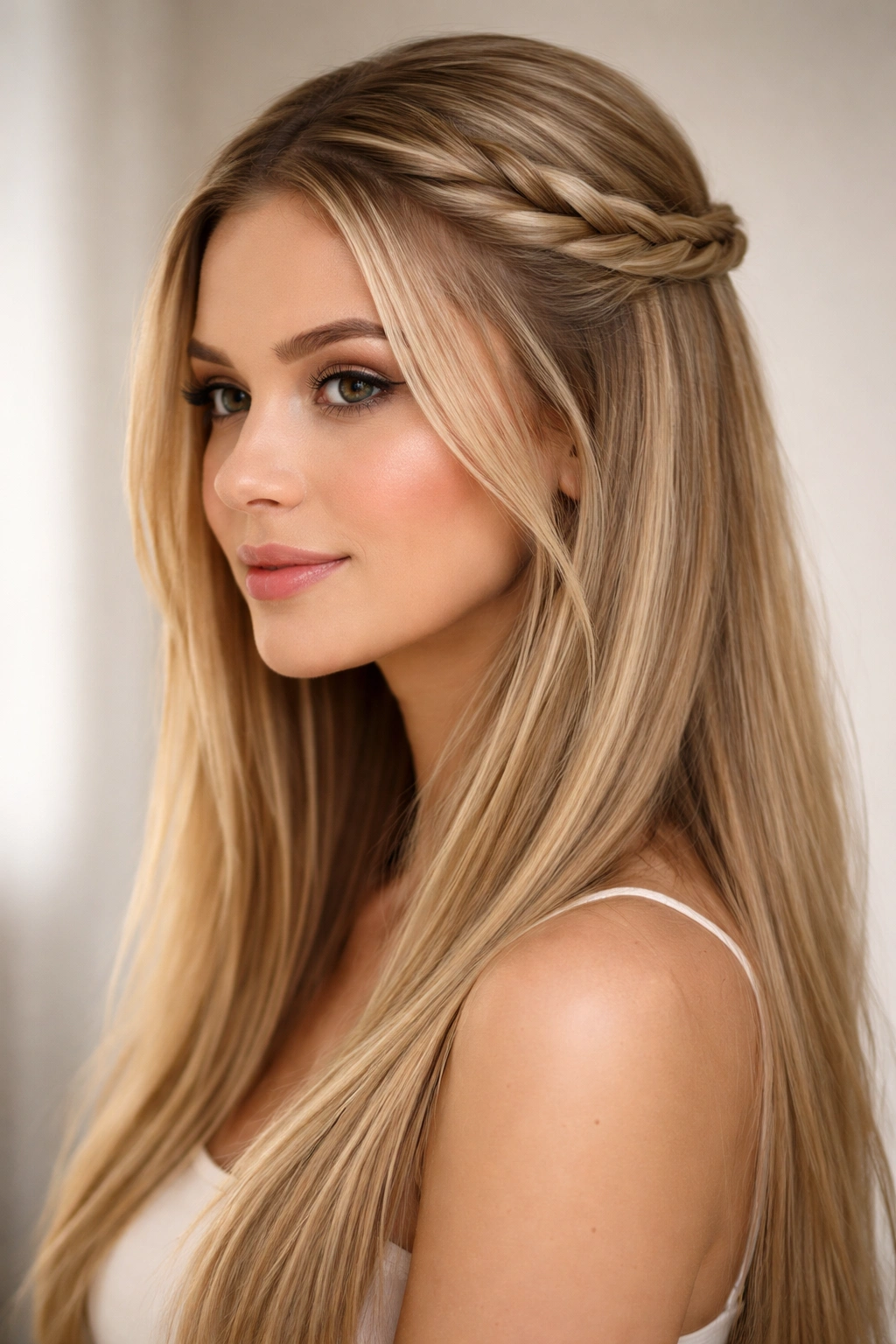 Head with a twisted crown half-up hairstyle on straight hair