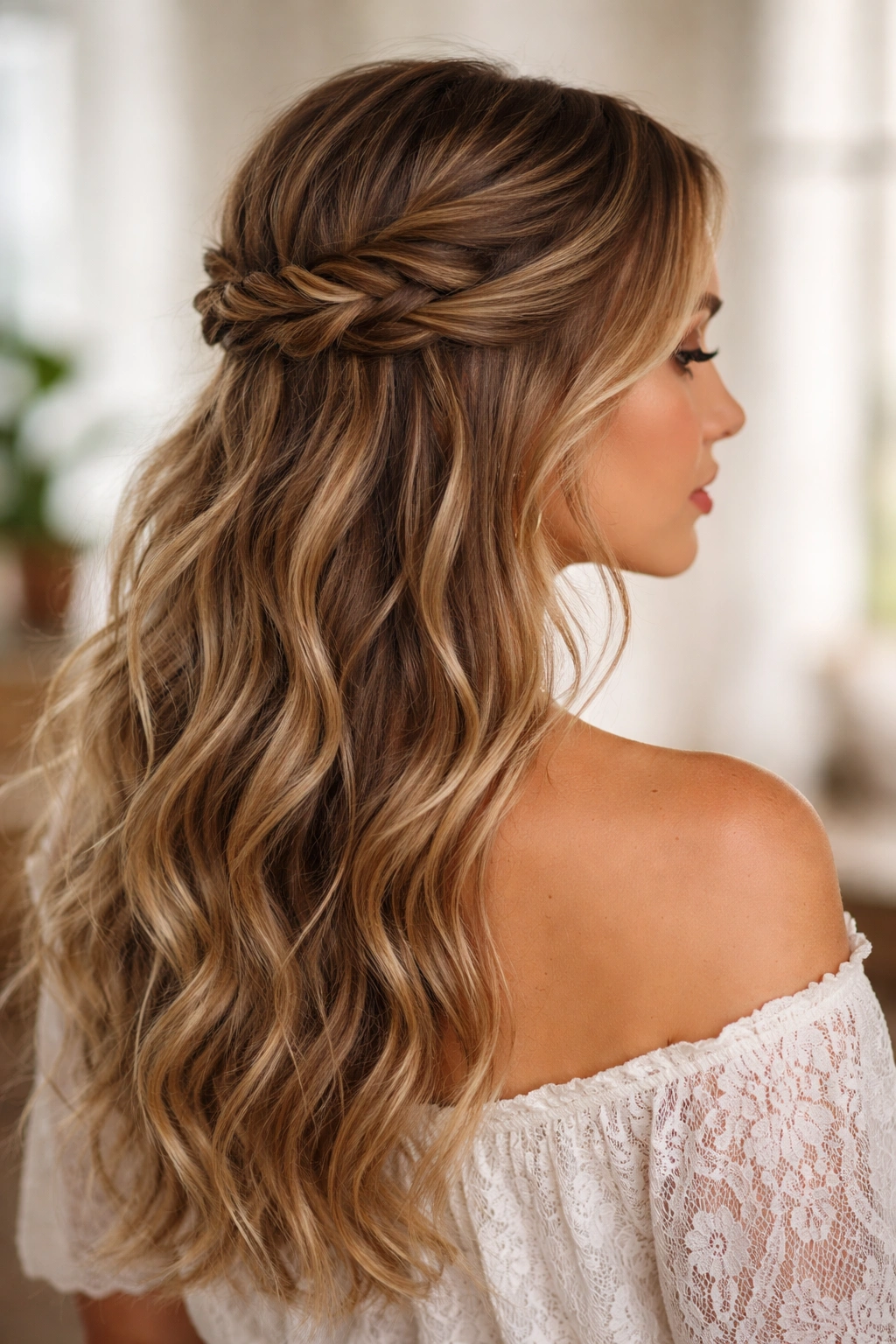 Close-up of a boho twisted crown half-up hairstyle with loose, romantic twists.
