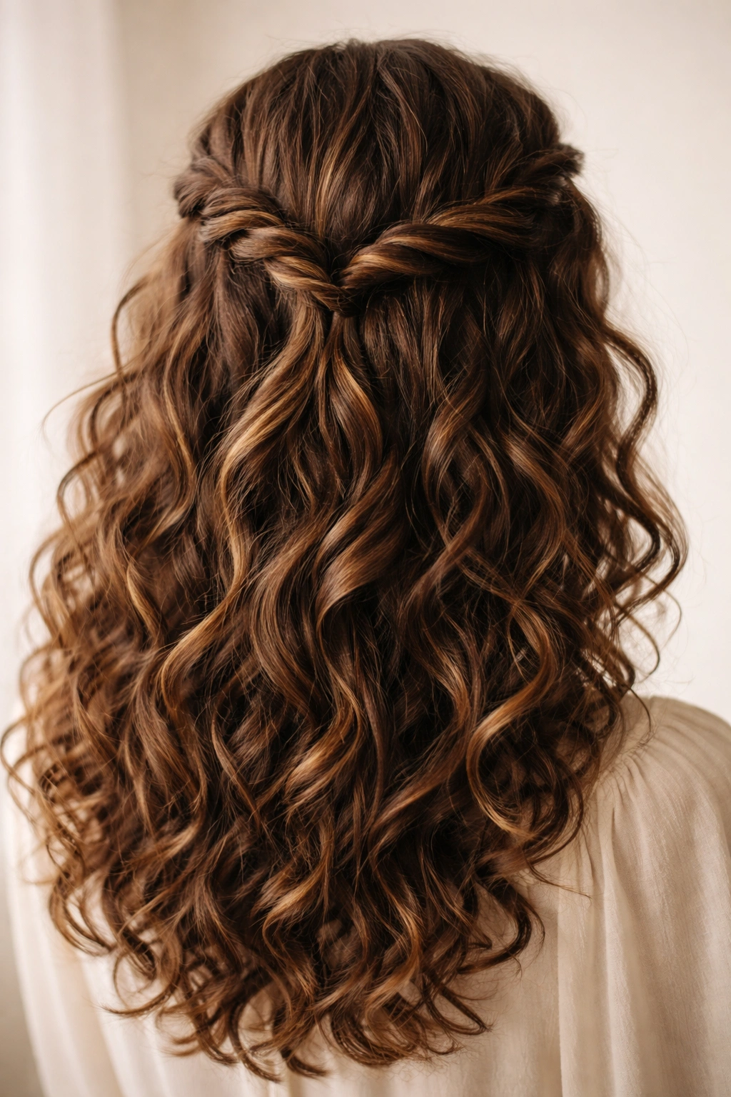 Close-up of two loose crown twists on curly hair with curls below