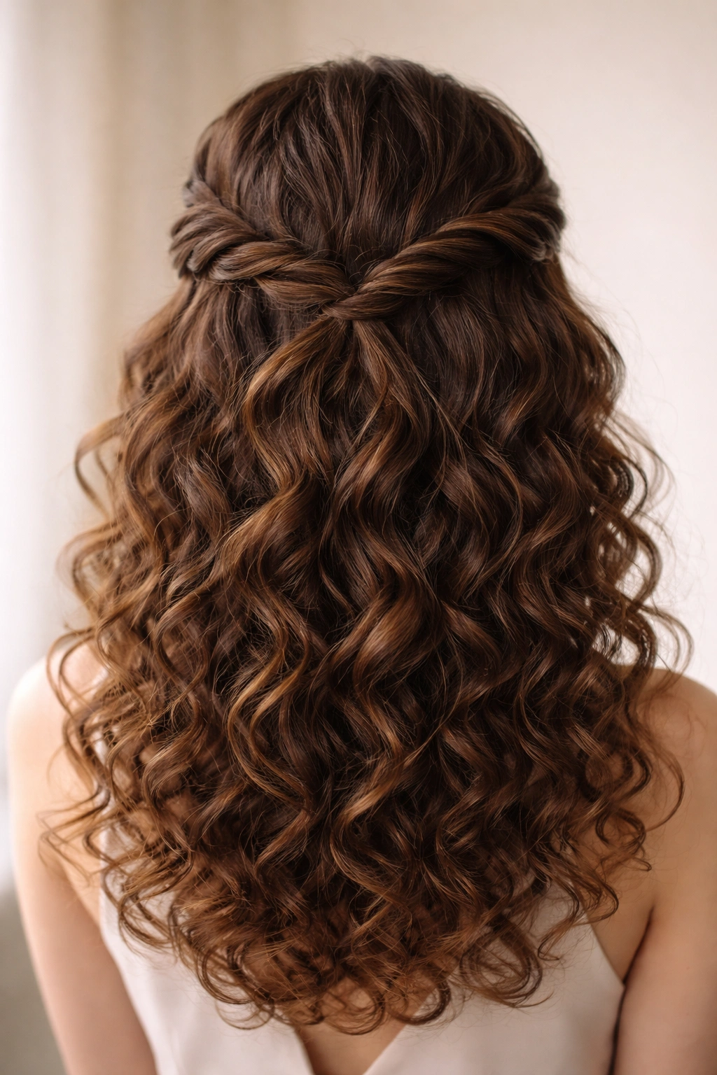 Close-up of The Twisted Crown Half-Up hairstyle with two temple twists crossing above curly hair.