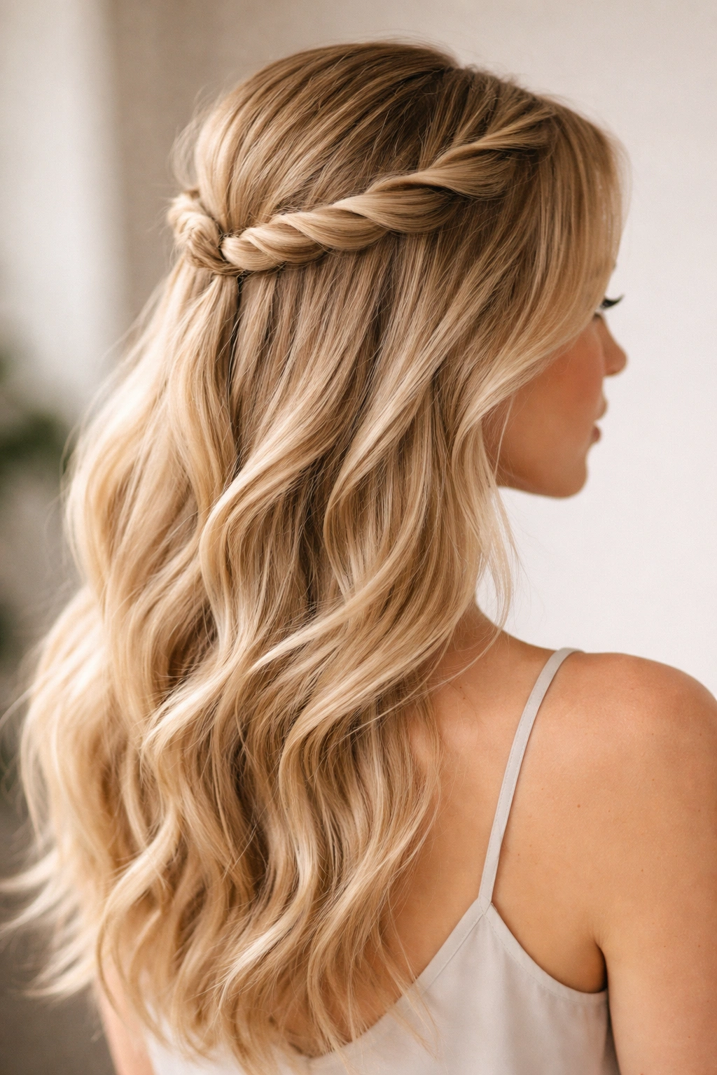 Close-up of the twisted crown half up hairstyle showing high twists and voluminous back