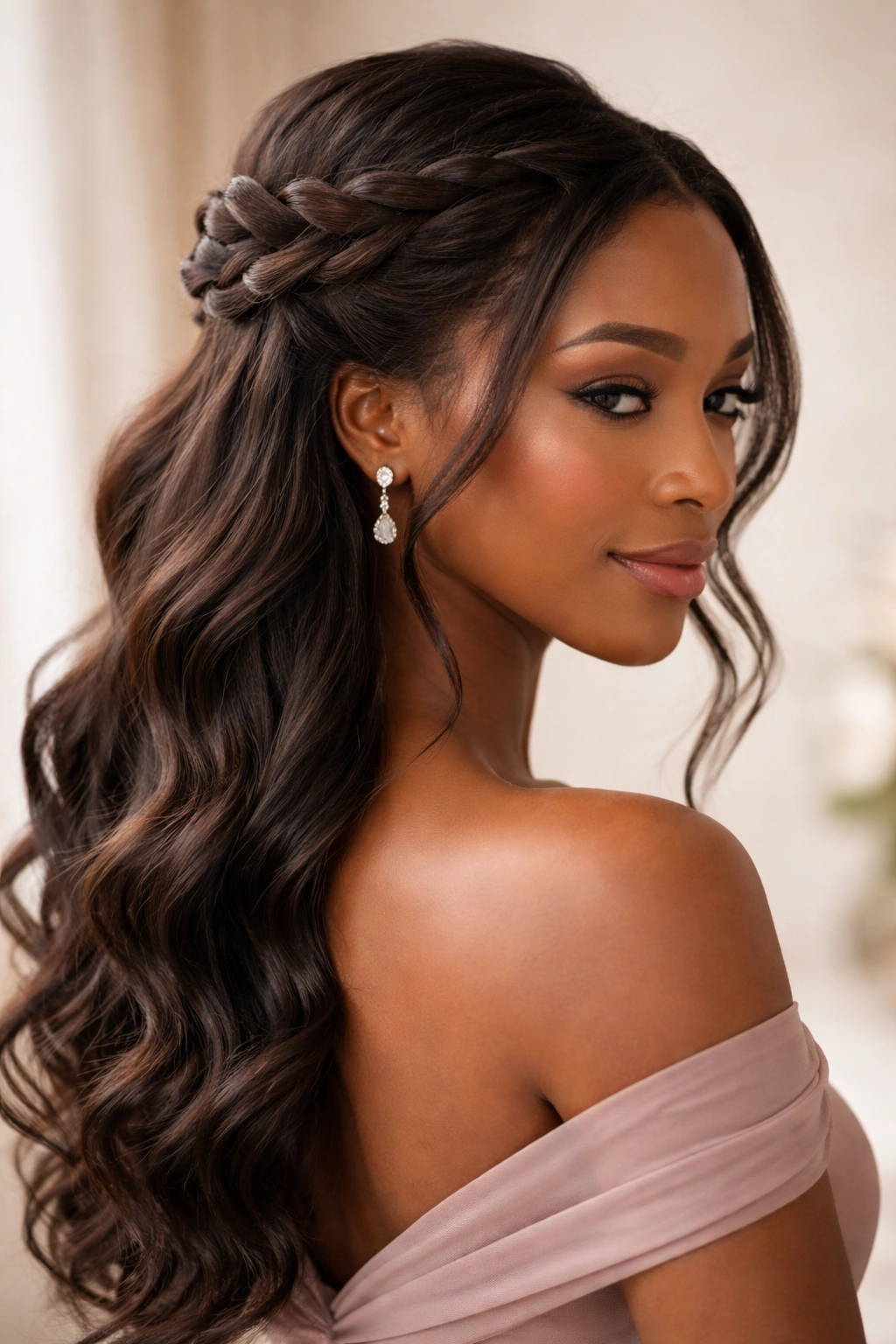 Close-up of a bridesmaid hairstyle featuring a romantic twisted crown half-up look with soft waves below.