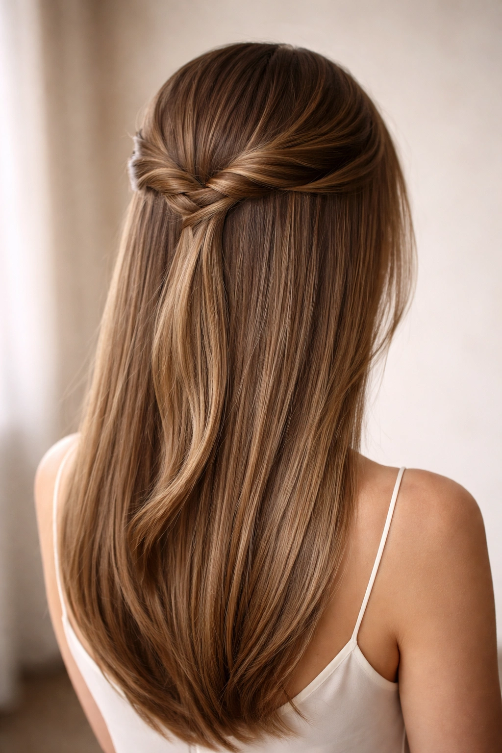 Back view of half-up twisted crown hairstyle on straight hair