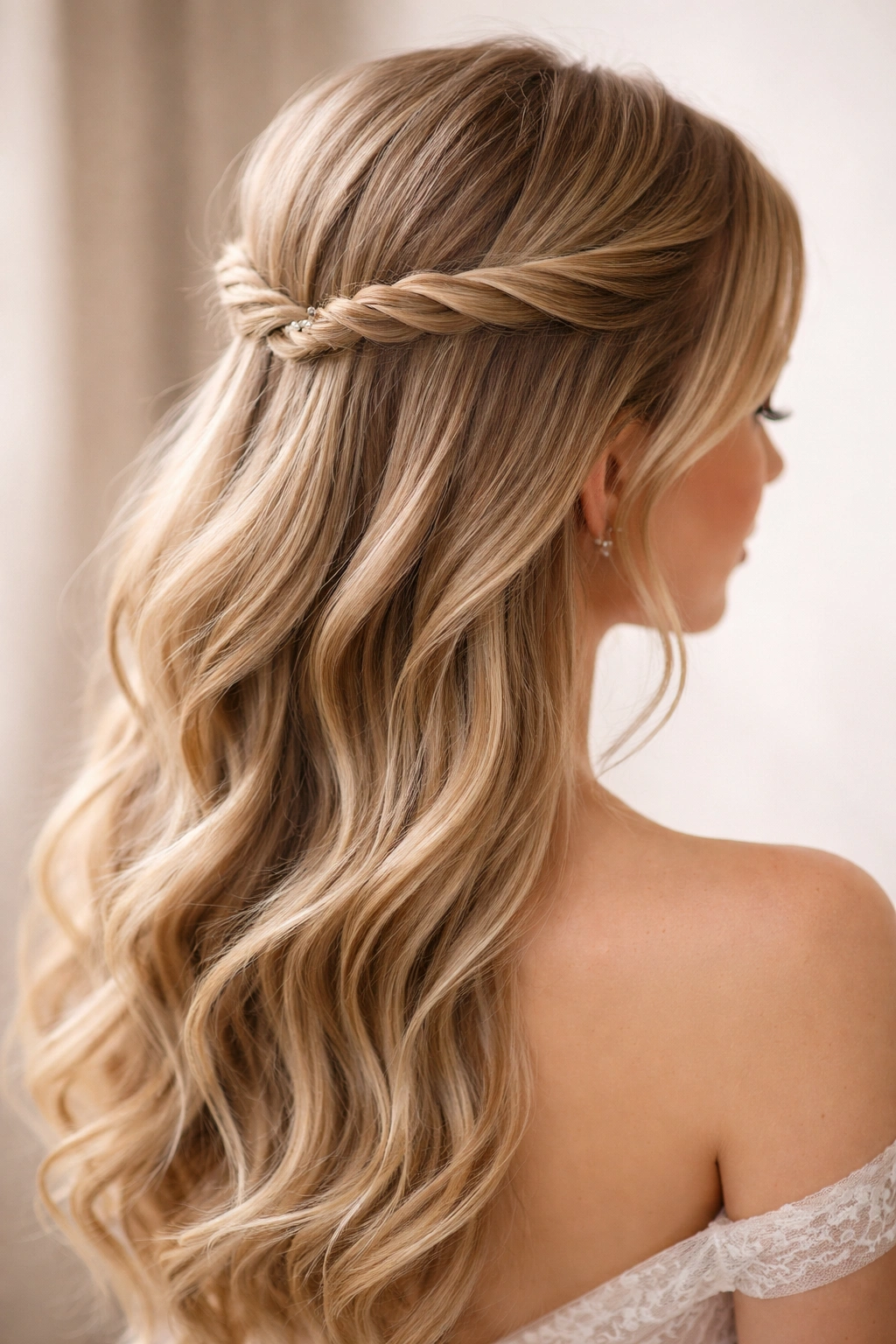 Close-up of twisted crown half-up hairstyle on fine hair