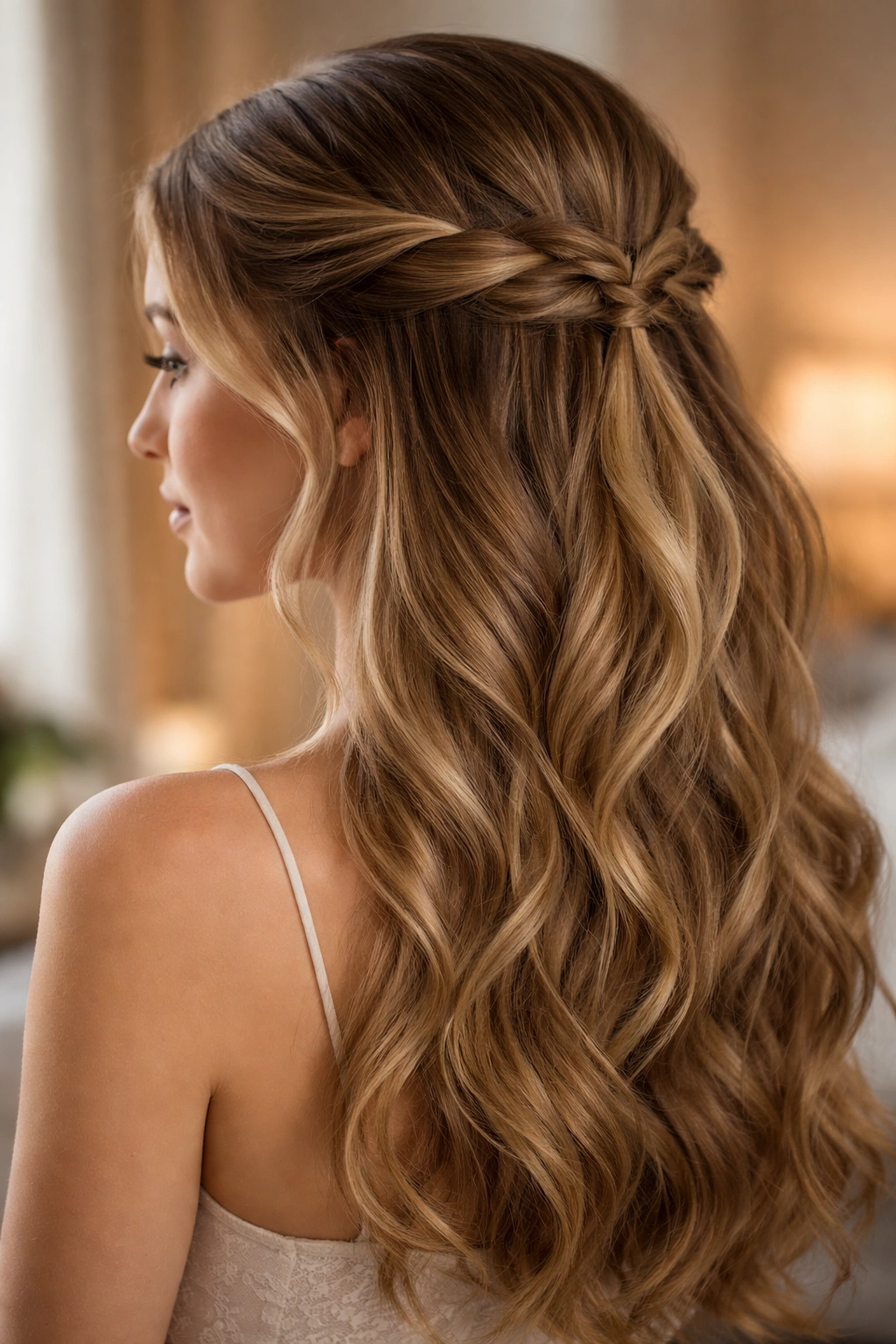 Close-up of Twisted Crown Half-Up hairstyle showing temple twists forming a crown knot with loose waves