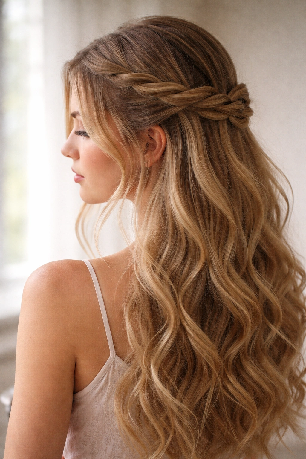 Close-up of a twisted crown half-up hairstyle with symmetrical front twists pinned at the crown