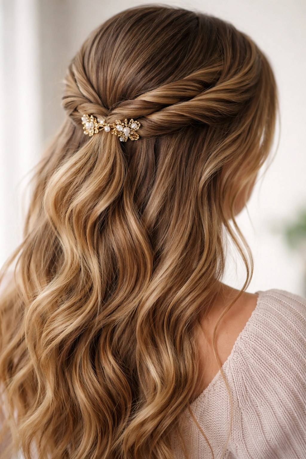 Two twisted crown sections secured with decorative pins in a half-up style