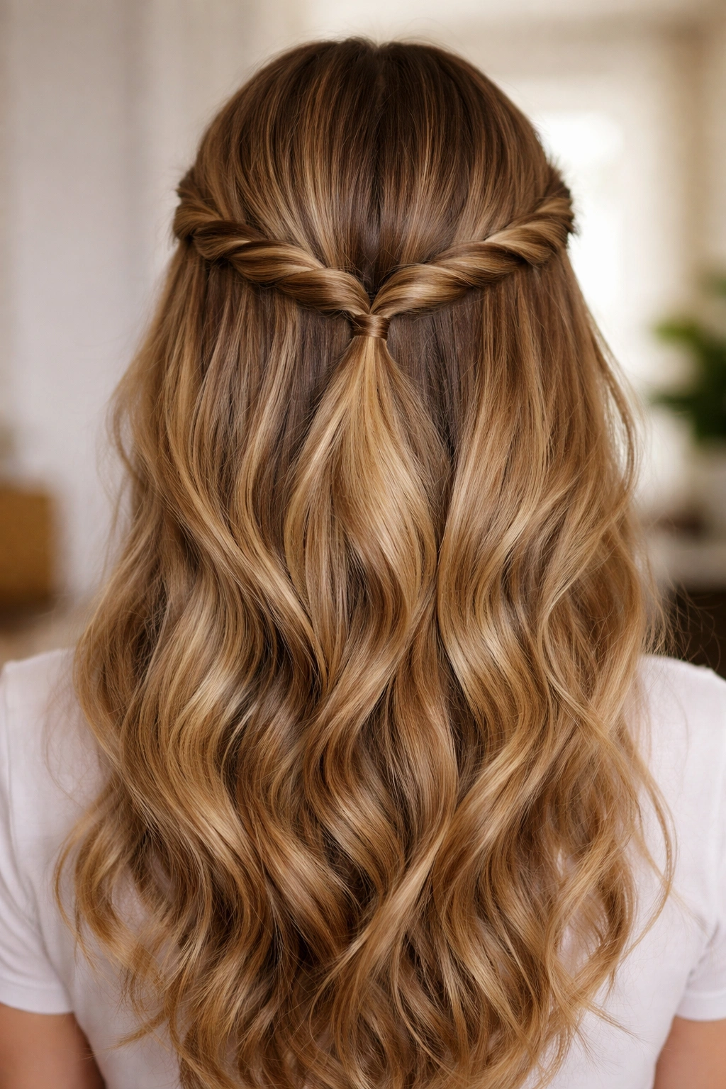 Front view of two crown twists framing a half-up hairstyle