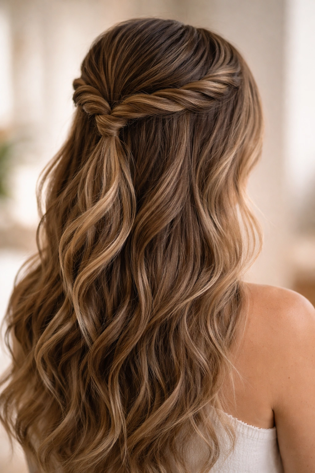 Twisted crown half up hairstyle with rope-like twist across the top