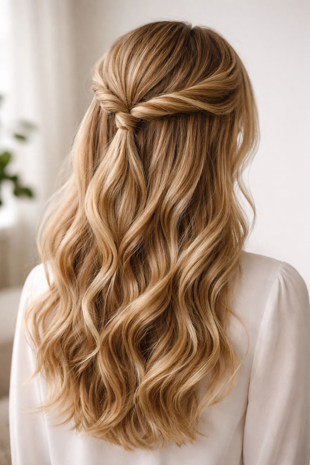 Twisted crown half-up hairstyle with crown twists meeting at the back