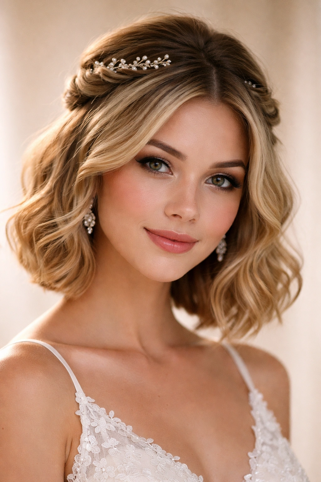 Close-up of twisted crown half-up with loose waves on short hair, crystal clip.