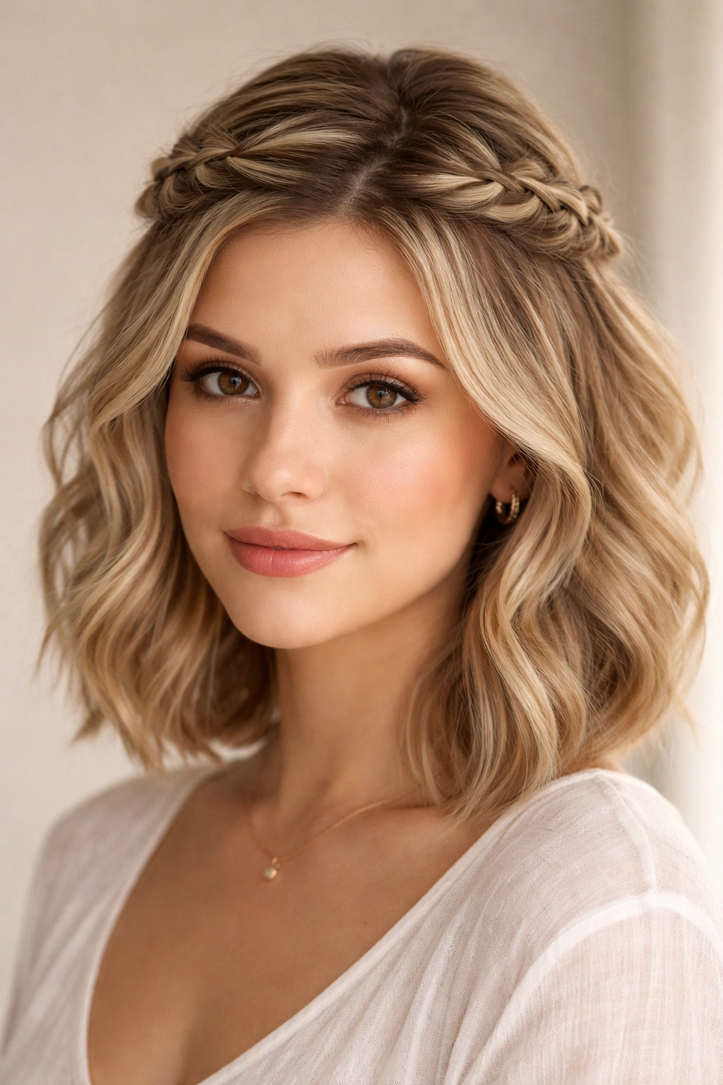 Close-up of a short wig styled in a twisted crown half up with face-framing twists