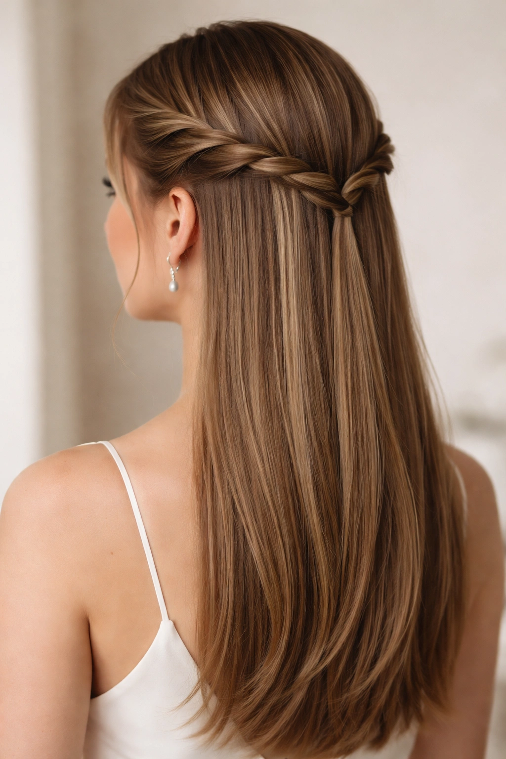 Close-up of half-up twisted crown hairstyle on straight hair