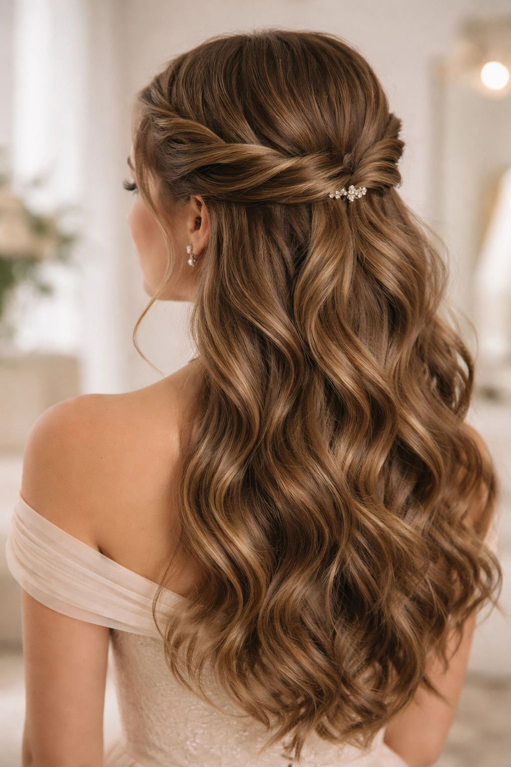 Close-up of thick hair in a twisted crown half-up style showing crown twists