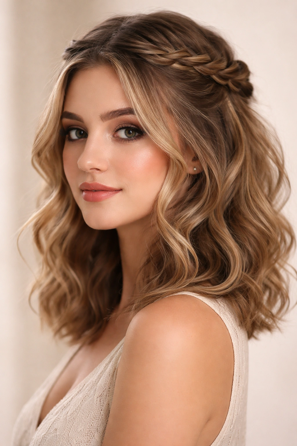 Twisted crown half-up with loose twists and soft waves around the face