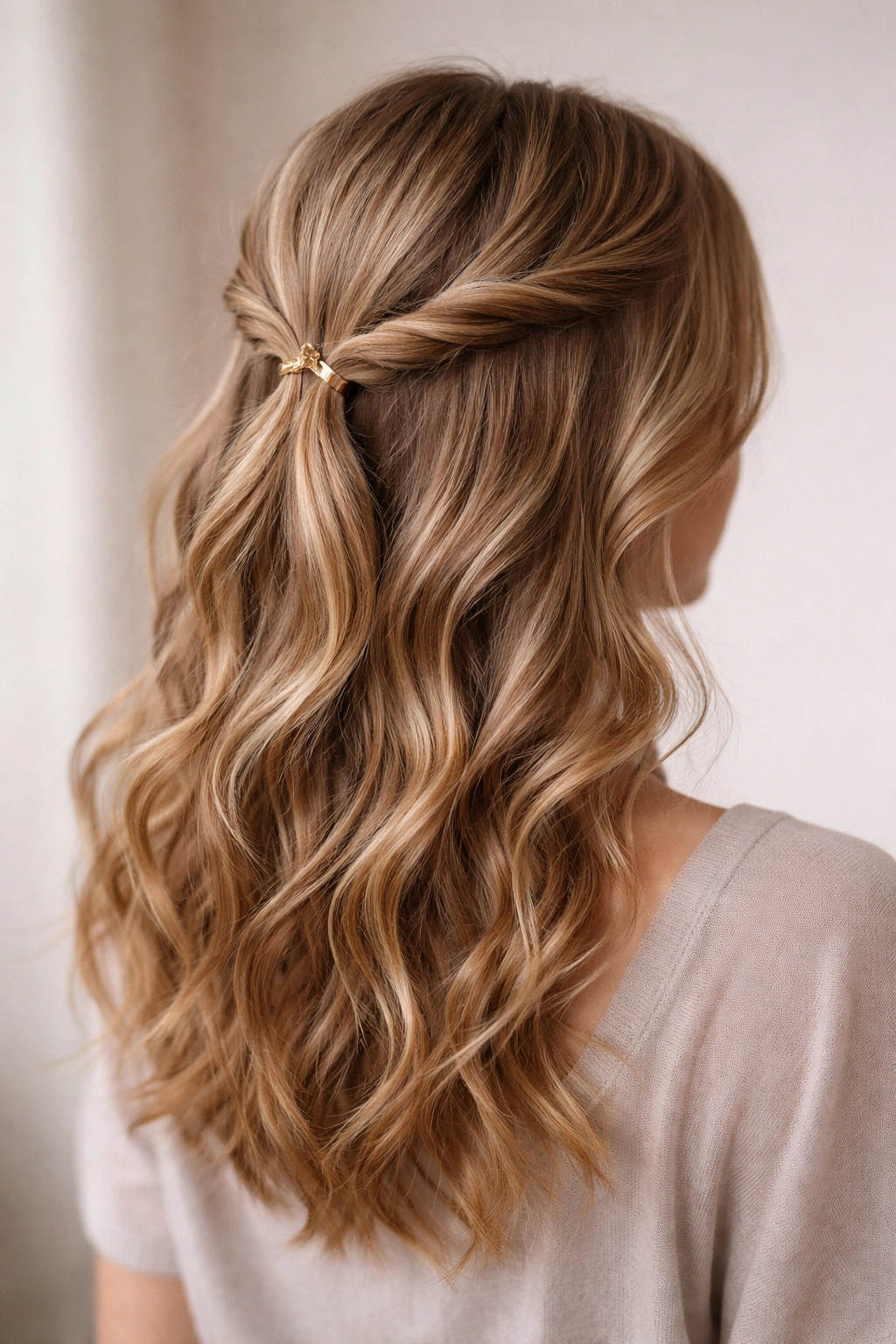 Back three-quarter view of The Twisted Crown Half-Up with two loose twists and a crown clip on wavy hair