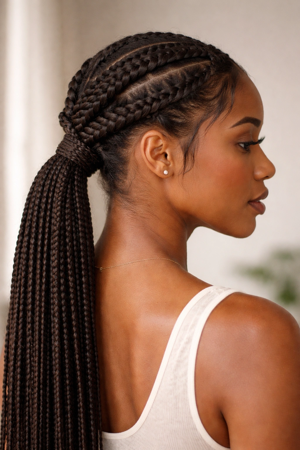 Profile view of twisted crown knotless braids with a low ponytail