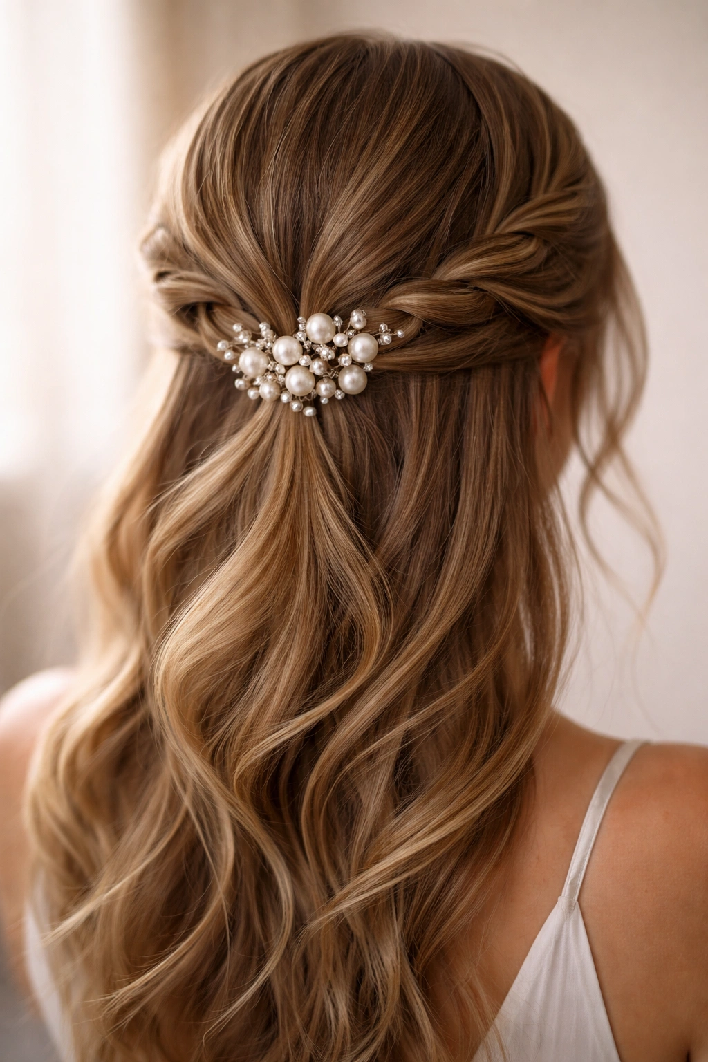 Twisted crown hairstyle with scattered pearl clusters at the intersection.
