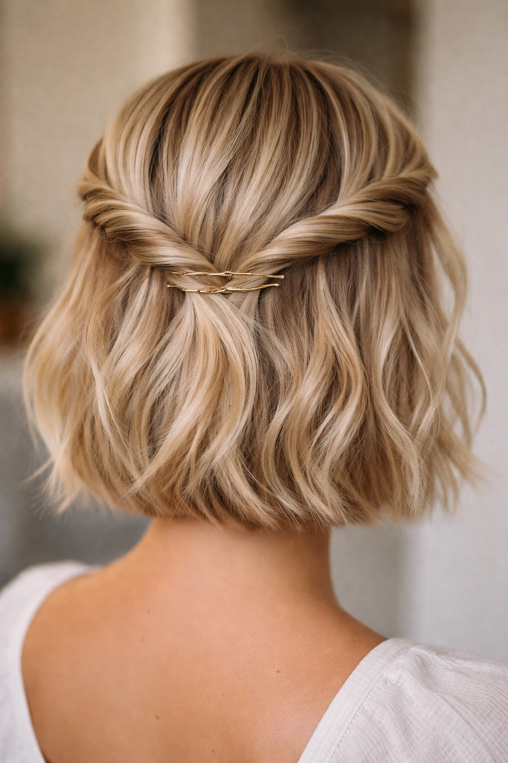 Twisted crown with double pins on short blonde hair
