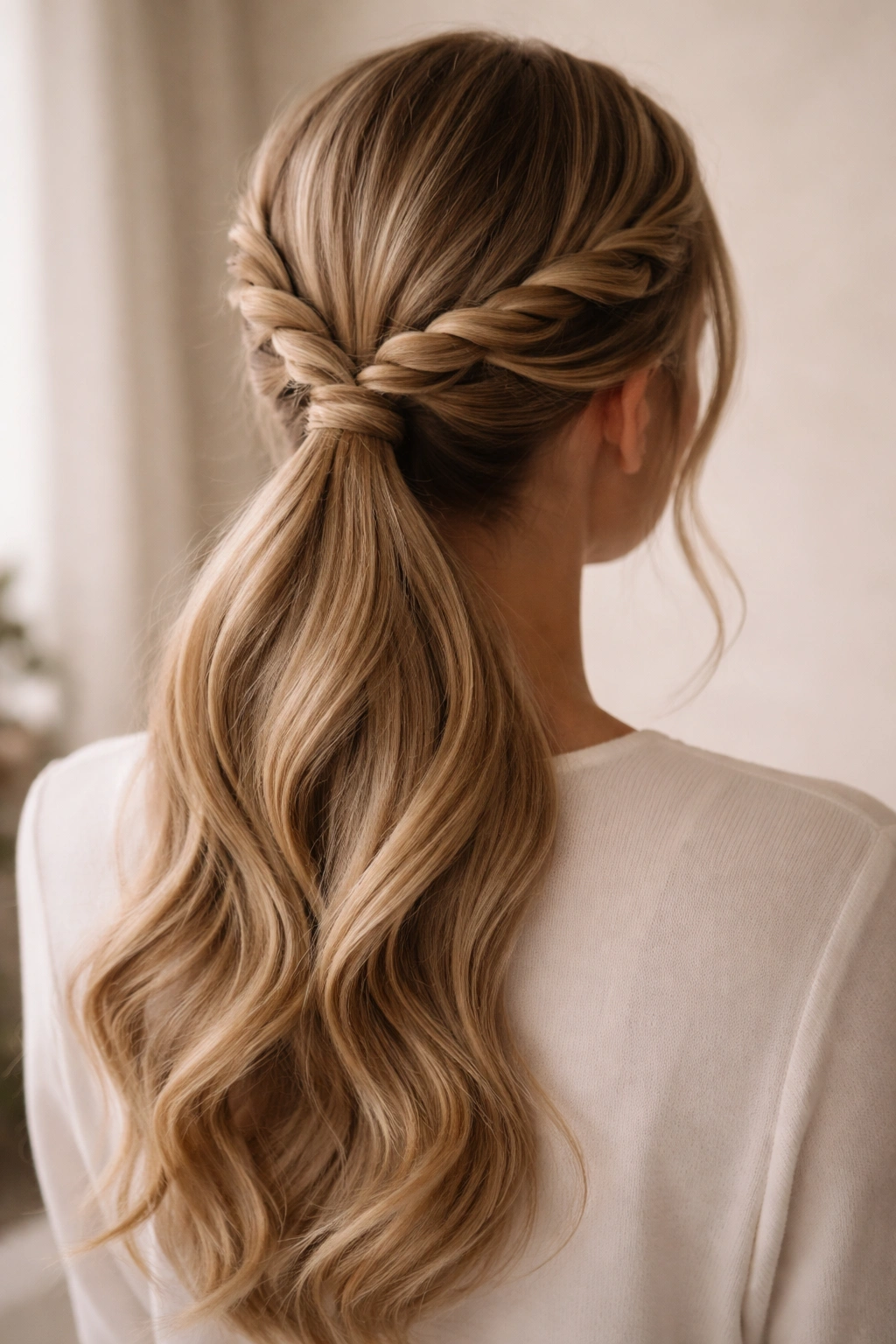 Twisted crown ponytail with two crown twists meeting at the back