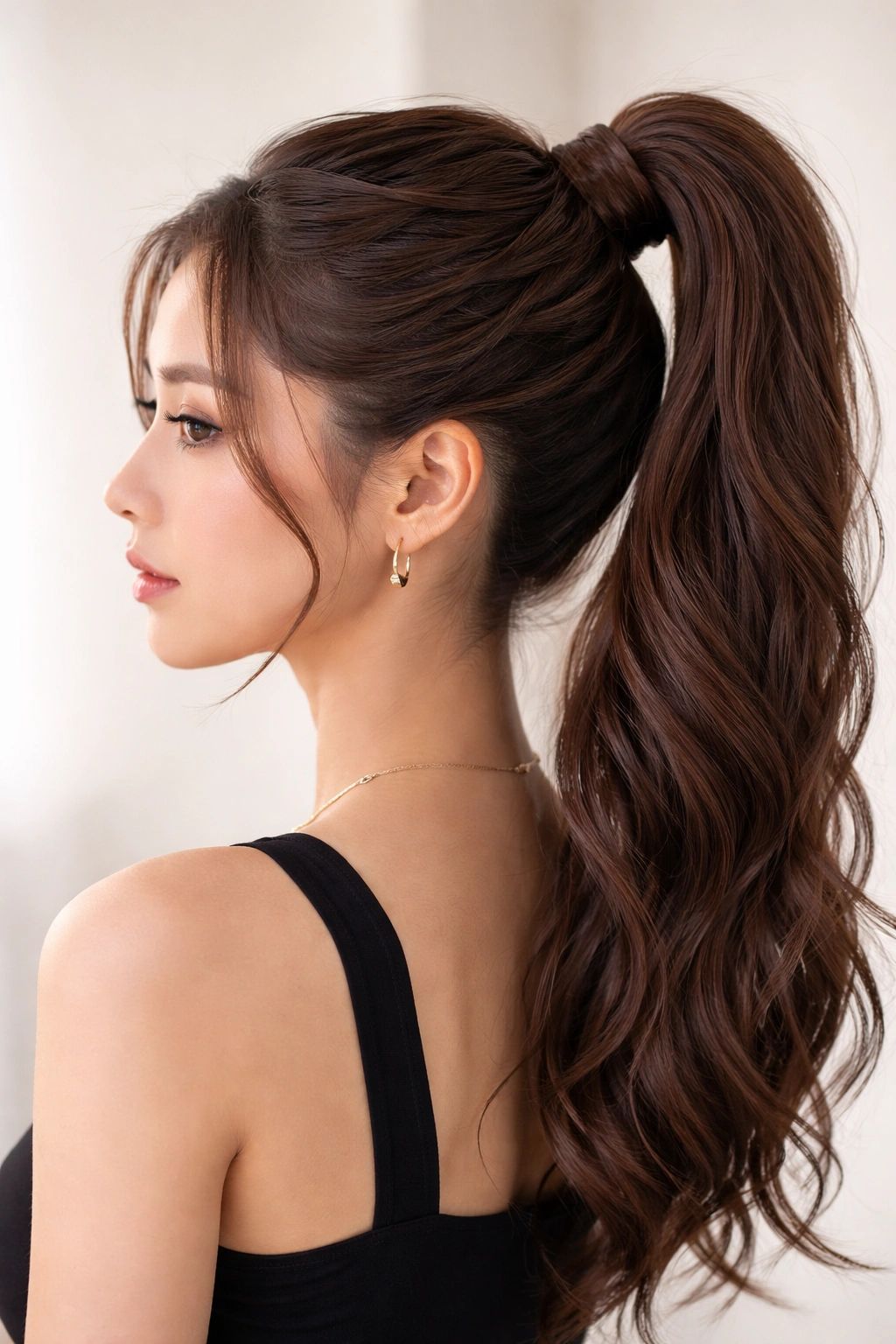 High ponytail with multiple twisted strands around the crown