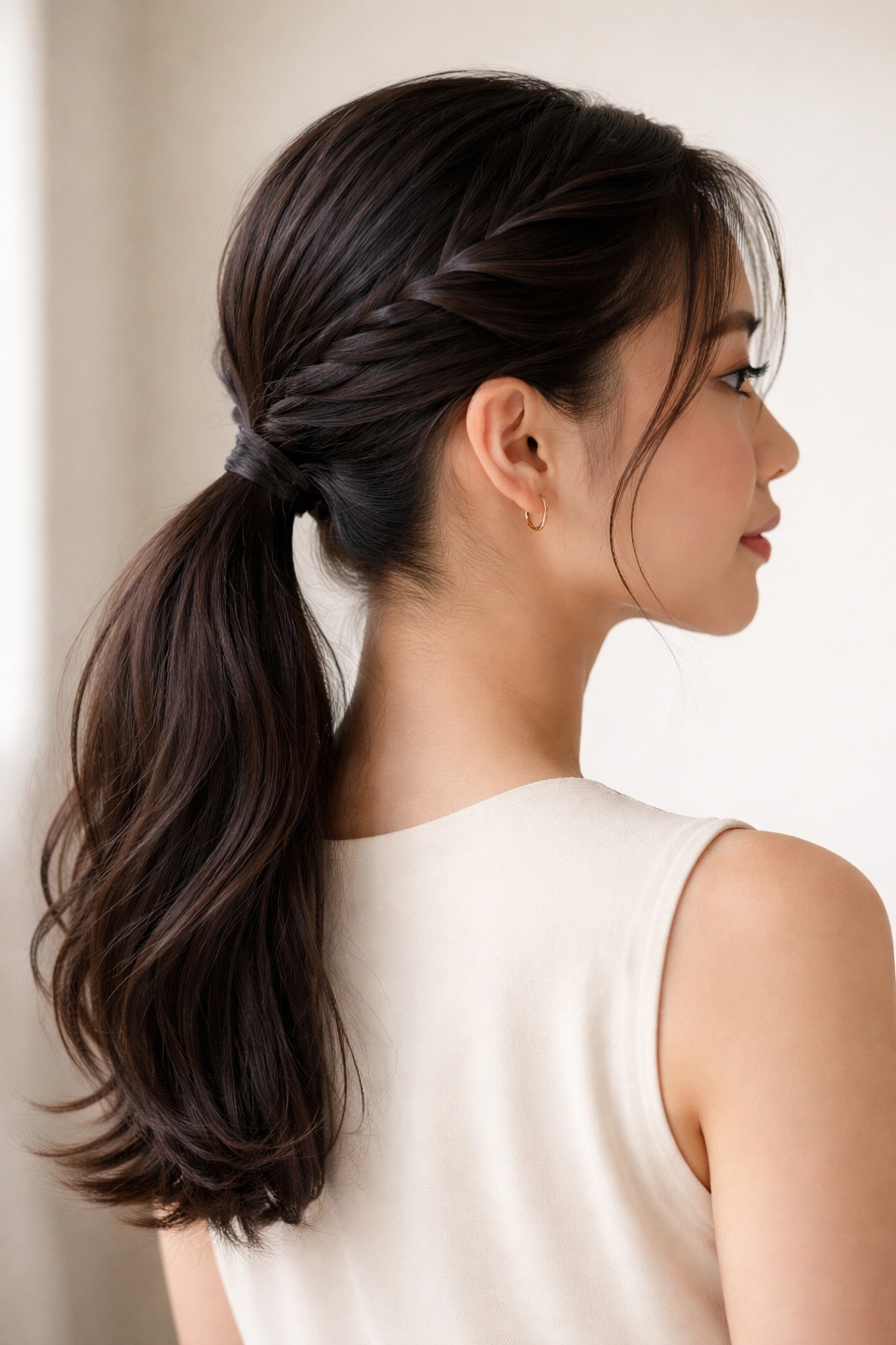 Twisted crown ponytail with paired temple twists joining at crown